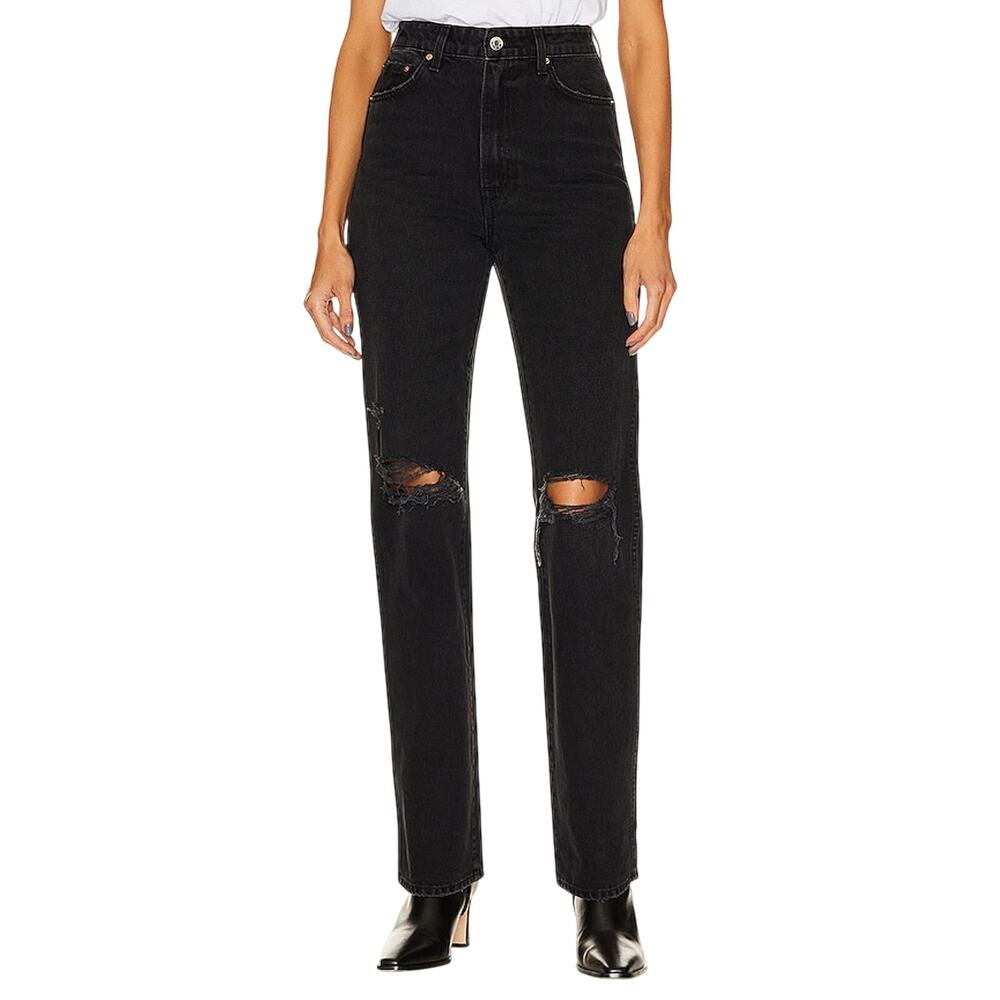 Grlfrnd Distressed Black Rock Sara Super High Rise Slim Straight Denim Jeans